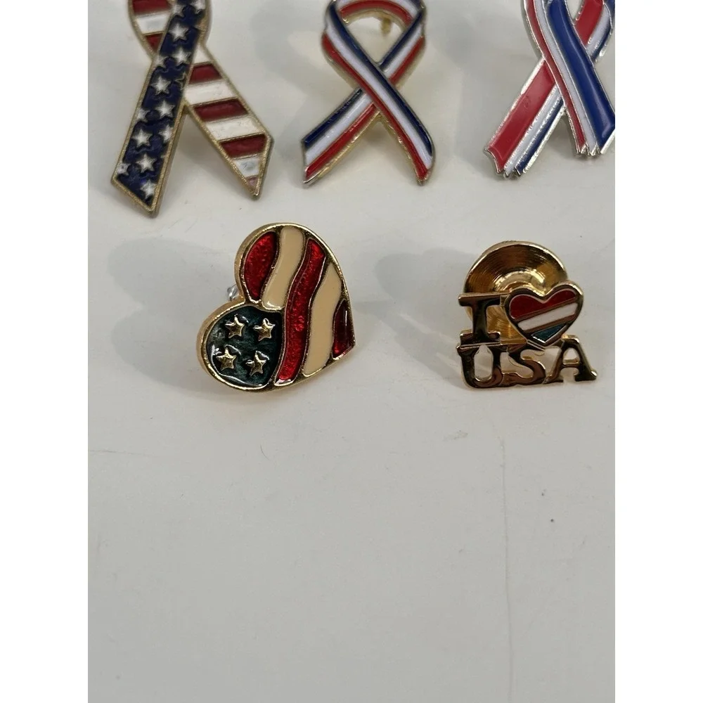 Vintage Patriotic Enamel Lapel Pin Lot Of 9 Pins American Flag Red White Blue
